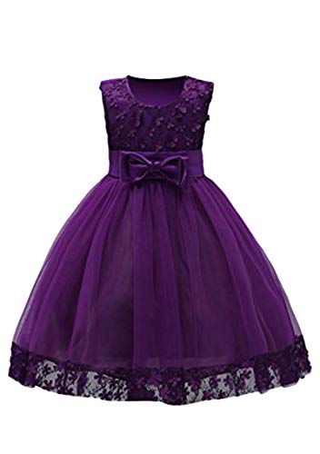 Yming Mädchen Sommer Kleid Festlich 3D Blumen Schleife Festzug Party Kleid Dunkel Violett 2-3 Jahre Alt von Yming