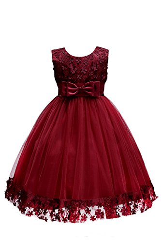 Yming Mädchen Sommerkleid Festlich Blumenkleider 3D Blumen Kleid Schleife Festzug Partykleid Burgundy 2-3 Jahre Alt von Yming