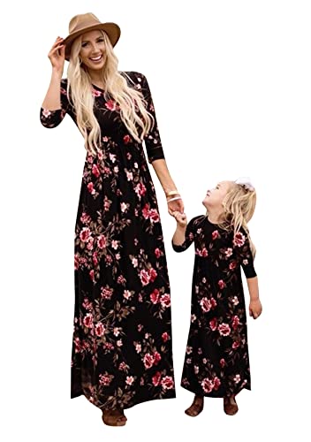 Yming Mutter Und Tochter Bohemian Casual Floral Print Kleider Maxikleid Strand ärmelloses Rundhalsausschnitt Kleid Schwarz Floral Langarm 10 Jahre von Yming