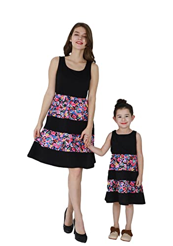 Yming Mama Und Ich Familienkleid Elegantes Blumenmuster Kleider Boho Bedrucktes Kurzes Kleid Schwarze Blume L von Yming