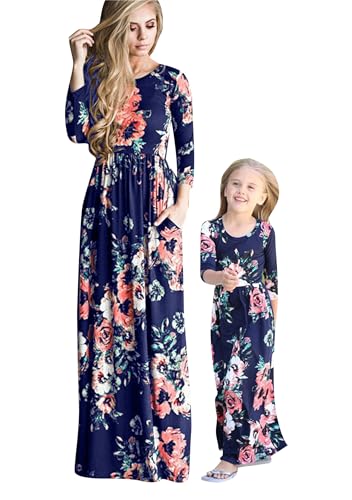 Yming Mama Und Ich ärmelloses Maxikleid Mit Böhmischem Rundhalsausschnitt Strandoutfits Mit Blumendruck Familienkleid Mit Blauem Blau Blume 6-7 Jahre von Yming