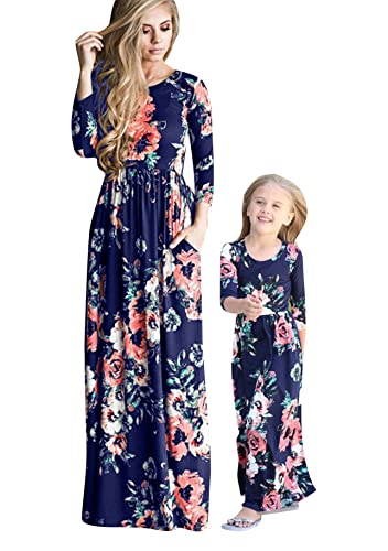 Yming Mama und ich passendes Kleid Sommer Boho Gedruckt A Linie Kleid Casual Langarm Kleider Blau Blumen M von Yming