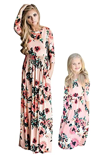 Yming Mutter Und Mädchen Matching Strand Rundhalsausschnitt Maxi Kleid Maxi Langes Kleid Bedruckte Bohemian Kleid Pink Floral Langarm 1 Jahr von Yming