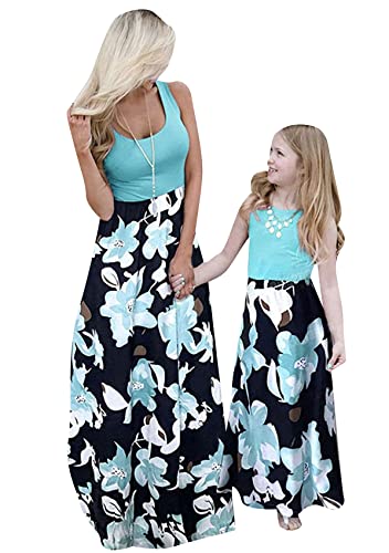 Yming Mutter Und Tochter Maxikleid Mit Rundhalsausschnitt Boho Blumenmuster Langes Kleid ärmellos Genähtes Kleid Grüne Blume XXL von Yming