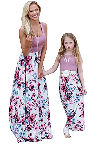 Yming Mutter und Tochter Ärmellose Kleider Blumenkleid Freizeitkleid Familiekleid Rundhals Sommerkleid Lila Blumen 7-8 Jahre von Yming