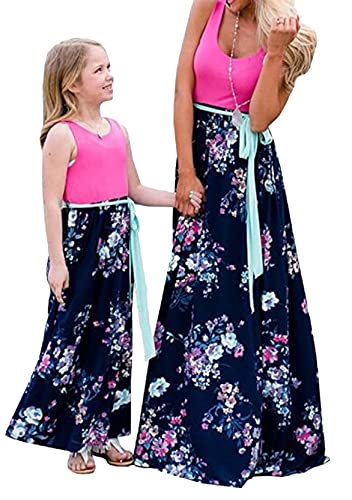 Yming Mutter und Tochter Ärmellose Kleider Blumenkleid Rundhals Familiekleid Beiläufig Boho Strandkleid Rose Blumen 7-8 Jahre von Yming