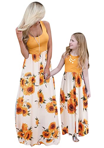 Yming Mutter und Tochter Blumenkleid Spleißen Sommerkleid Prinzessin Partykleid Ärmellose Kleider Gelbe Blume 1-2 Jahre von Yming