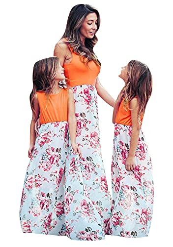 Yming Mutter und Tochter Blumenkleid Spleißen Sommerkleid Spleißen Kleid Partykleid Ärmellose Kleider Orange Blumen 3-4 Jahre von Yming