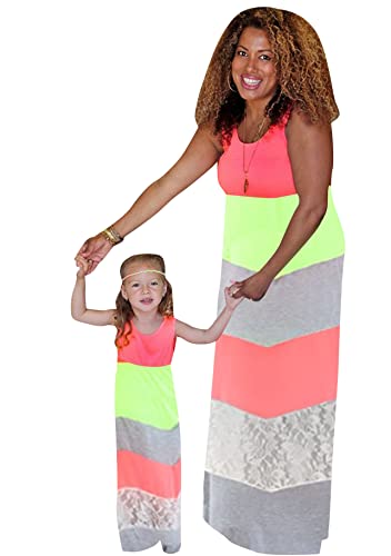 Yming Mutter und Tochter Gestreiftes Strand Kleid Boho Ärmellos Kleider Rundhals Kleid Rose Grün 5-6 Jahre von Yming