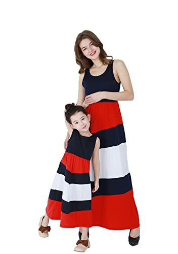 Yming Mutter und Tochter Kleider Gestreiftes Freizeitkleid Rundhals Familiekleid Ärmellos Sommerkleid Rot Blau 6-7 Jahre von Yming