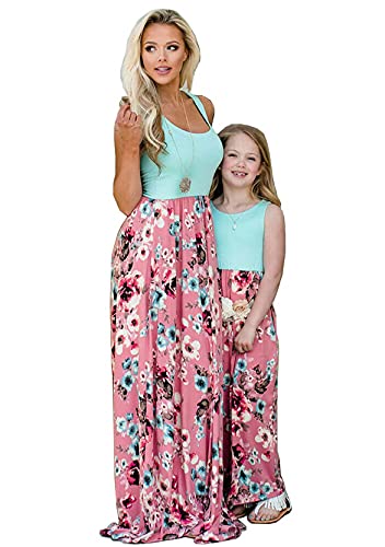 Yming Mutter und Tochter Rundhals Kleider Casual Blumenkleid Freizeitkleid Ärmelloses Sommerkleid Blau Blumen 7-8 Jahre von Yming