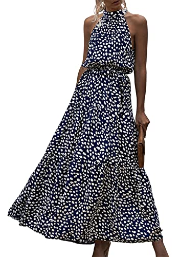 Yming Neckholder Kleider Für Frauen Casual Bohemian Sommerkleid Mit Gürtel Polka Dot Ärmelloses Kleid Königsblauer Punkt M von Yming