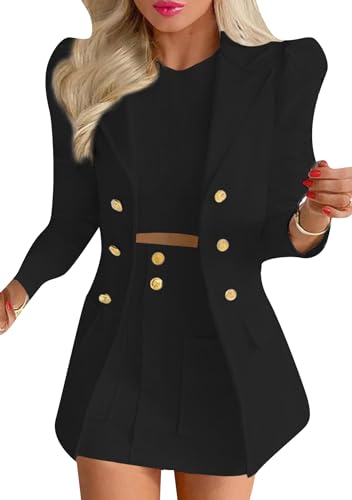 Yming Plus Size Doppelt Gefalteter 2-Teiliger Minirock Eleganter Schulterfreier Anzugmantel Aufrollbarer Reversanzug Für Frauen Schwarz L von Yming