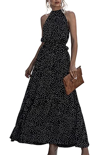 Yming Polka Dot Maxikleider Damen Casual Layered Ärmelloses Kleid Sommer Neckholder Kleider Schwarzer Punkt XL von Yming
