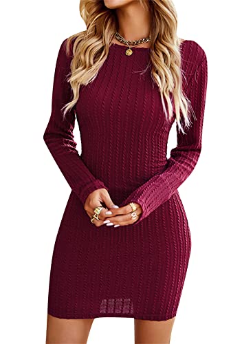 Yming Schlankes Damen Pullover Kleid Langarm Rückenfrei Strickkleid Mini Kabelstrick Lang Pullover Rot XS von Yming