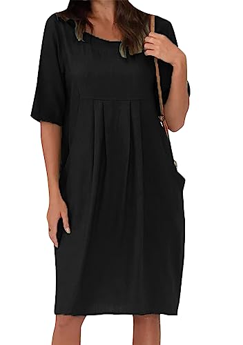 Yming Sommer Casual Baumwolle Kleider Rundhalsausschnitt Kurzarm T Shirt Kleid Leinen plissiert Strandkleid mit Taschen Schwarz 2XL von Yming