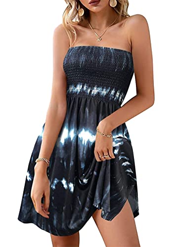 Yming Trägerloses Bohemian Tie Dye Kleid Trägerloses Tube Off Shoulder Kleid Strand Wrapped Chest Kleid Schwarze Wellen M von Yming