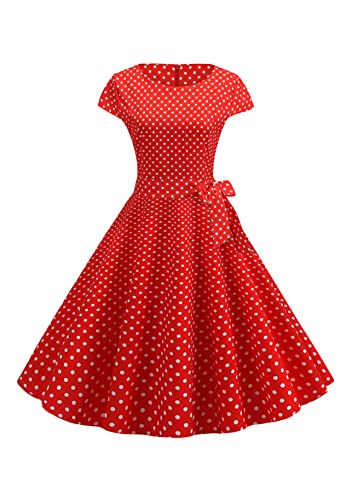 Yming Vintage Kleid Polka Punkte Für Frauen Kurzärmelige Rockabilly Kleider Kleider Von Audrey Hepburn Elegante Sommerkleider Hohe Taille Rot S von Yming