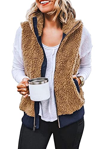 Yming Wendbare Sherpa-Weste für Damen ärmellose Fuzzy-Fleece-Leichtjacke Khaki L von Yming