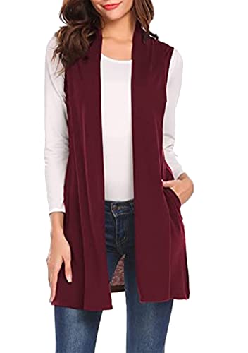 Yming Weste Für Frauen In Reiner Farbe Lässiges Ärmelloses Gilet Leichte Drapierte Strickjacke Mit Taschen Rotwein XL von Yming