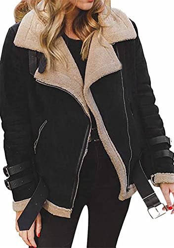 Yming Winter Damen Vintage Winter Warm Jacke Reverskragen Wolle Gefüttert Sherpa Wildleder Mäntel Mit Taschen Schwarz M von Yming