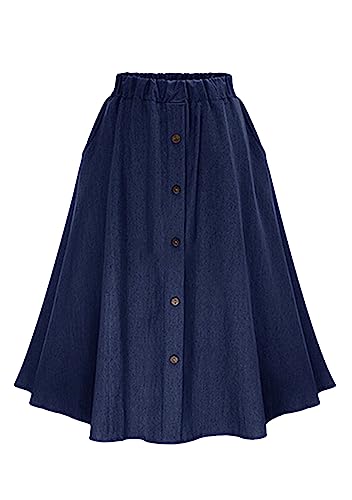 Yming Women's Summer Casual Denim Rock mit Taschen Flared High Elastic Waist Midi Röcke Dunkelblau M von Yming