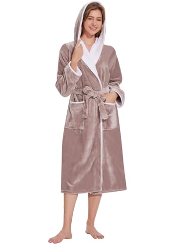 Ymmchy Bademantel mit Kapuze Damen Flauschig Morgenmantel Warm Lang Bademäntel Fleece Saunamantel Braun S von Ymmchy