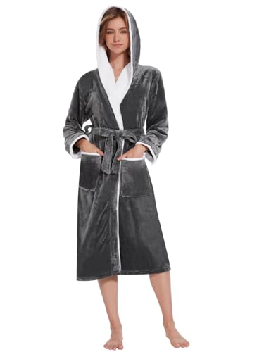 Ymmchy Bademantel mit Kapuze Damen Flauschig Morgenmantel Warm Lang Bademäntel Fleece Saunamantel Dunkelgrau XL von Ymmchy