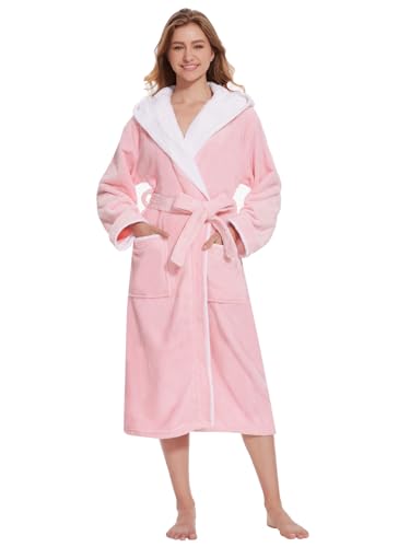 Ymmchy Bademantel mit Kapuze Damen Flauschig Morgenmantel Warm Lang Bademäntel Fleece Saunamantel Rosa XL von Ymmchy