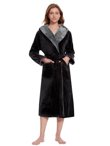Ymmchy Bademantel mit Kapuze Damen Flauschig Morgenmantel Warm Lang Bademäntel Fleece Saunamantel Schwarz L von Ymmchy