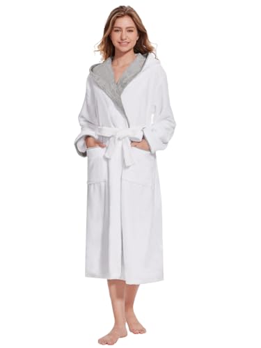Ymmchy Bademantel mit Kapuze Damen Flauschig Morgenmantel Warm Lang Bademäntel Fleece Saunamantel Weiß XL von Ymmchy