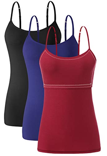 Ymmchy Damen Unterhemd mit Regal-BH Baumwolle Unterhemden Spaghetti Top Verstellbare Trägershirt 3-er Pack Black/DB/Wine Red L von Ymmchy