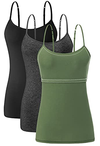 Ymmchy Damen Baumwolle Unterhemd mit Regal-BH Unterhemden Spaghettiträger Top BH-Hemd Verstellbare Trägershirt 3-er Pack Black/Darkgray/ArmyGreen L von Ymmchy