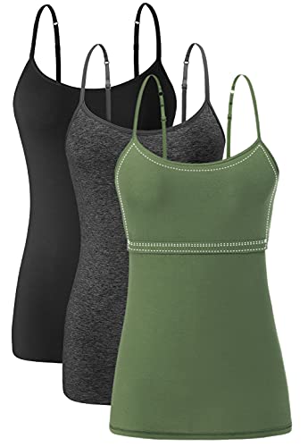 Ymmchy Damen Unterhemd mit Regal-BH Baumwolle Unterhemden Spaghetti Top Verstellbare Trägershirt 3-er Pack Black/Darkgray/ArmyGreen L von Ymmchy