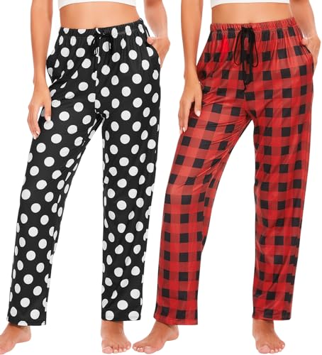 Ymmchy Damen Pyjamahose Lang Schlafanzughose Kariert Freizeithose Frauen Schlafhose Weiche Nachtwäsche Hose 2-Pack Dots/Rot Kariert L von Ymmchy