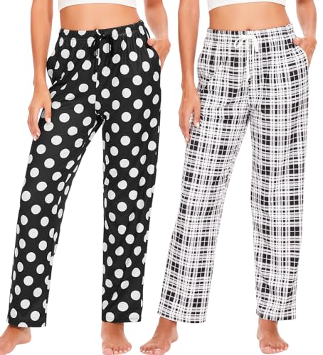 Ymmchy Damen Pyjamahose Lang Schlafanzughose Kariert Freizeithose Frauen Schlafhose Weiche Nachtwäsche Hose 2-Pack Dots/Schwarze Kariert XL von Ymmchy