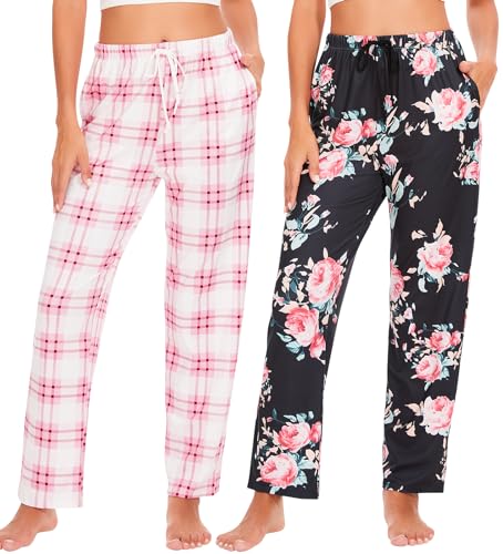 Ymmchy Damen Pyjamahose Lang Schlafanzughose Kariert Freizeithose Frauen Schlafhose Weiche Nachtwäsche Hose 2-Pack Rosa Kariert/Schwarze Blume S von Ymmchy