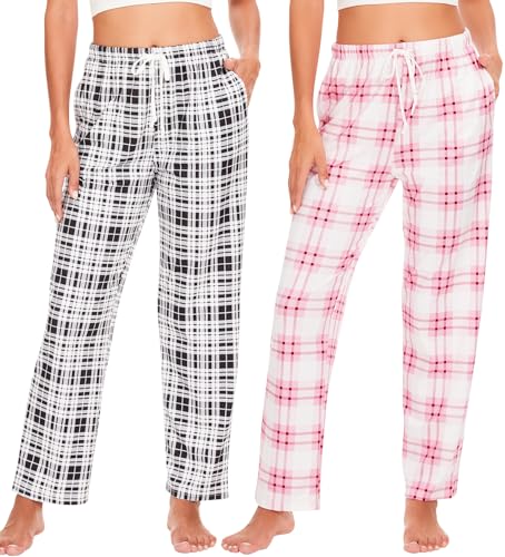 Ymmchy Damen Pyjamahose Lang Schlafanzughose Kariert Freizeithose Frauen Schlafhose Weiche Nachtwäsche Hose 2-Pack Rosa Kariert/Schwarze Kariert S von Ymmchy