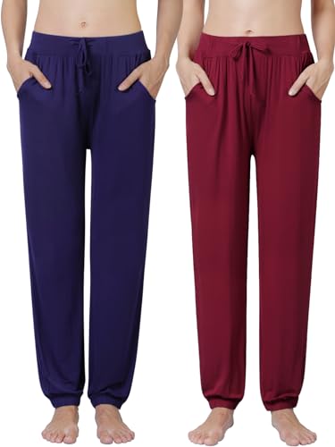 Ymmchy Damen Schlafanzughose Lang Pyjamahose Bequem Freizeithose Weich Nachtwäsche Hose mit Taschen 2-Pack Dunkelblau/Weinrot L von Ymmchy