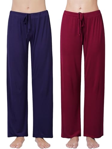 Ymmchy Damen Schlafanzughose Lang Pyjamahose Bequem Freizeithose Weich Nachtwäsche Hose mit Taschen 2-Pack Dunkelblau/Weinrot L von Ymmchy