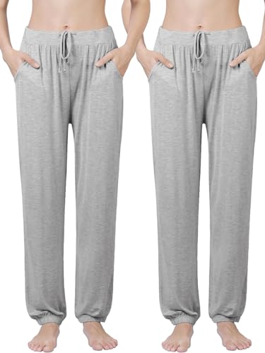 Ymmchy Damen Schlafanzughose Lang Pyjamahose Bequem Freizeithose Weich Nachtwäsche Hose mit Taschen 2-Pack Grau/Grau L von Ymmchy