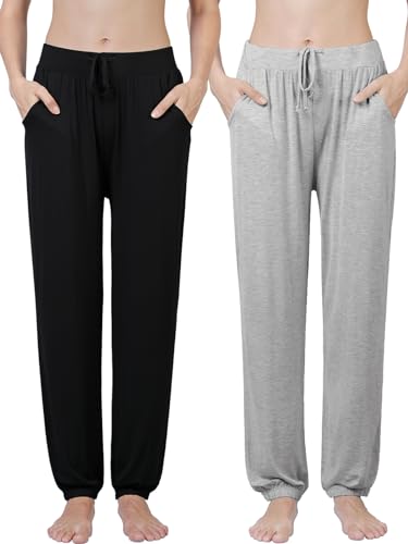 Ymmchy Damen Schlafanzughose Lang Pyjamahose Bequem Freizeithose Weich Nachtwäsche Hose mit Taschen 2-Pack Schwarz/Grau M von Ymmchy