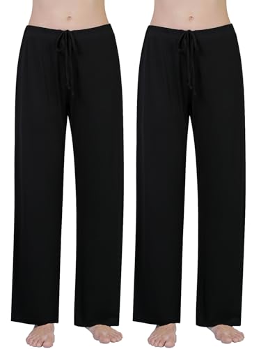 Ymmchy Damen Schlafanzughose Lang Pyjamahose Bequem Freizeithose Weich Nachtwäsche Hose mit Taschen 2-Pack Schwarz/Schwarz S Ymmchy Damen Schlafanzughose Lang Pyjamahose Bequem Freizeithose Weich Nachtwäsche Hose mit Taschen 2-Pack Schwarz/Schwarz S von Ymmchy