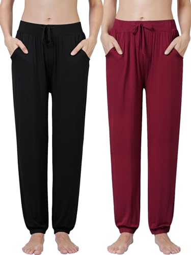 Ymmchy Damen Schlafanzughose Lang Pyjamahose Bequem Freizeithose Weich Nachtwäsche Hose mit Taschen 2-Pack Schwarz/Weinrot M von Ymmchy