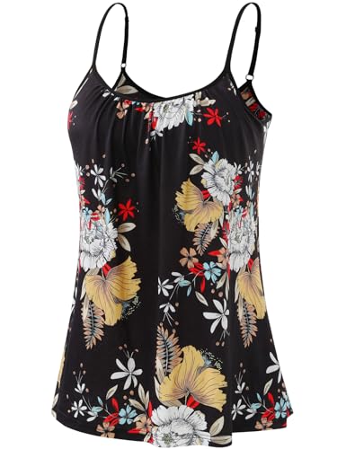 Ymmchy Damen Tank Top mit Integriertem BH Unterhemden Spaghettiträger Top Loose Verstellbaren Trägertop Black Flowers XXL von Ymmchy