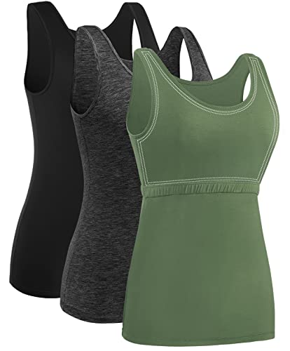 Ymmchy Damen Tank Tops mit Regal-BH Unterhemden Workout Stretch Tanktop 3er Pack Black/Darkgray/ArmyGreen L von Ymmchy