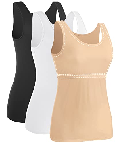 Ymmchy Damen Tank Tops mit Regal-BH Unterhemden Workout Stretch Tanktop 3er Pack Black/White/Beige M von Ymmchy