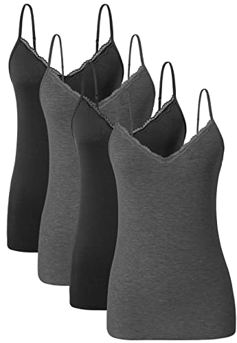 Ymmchy Damen Tanktop mit Spitzen Unterhemd Spaghettiträger Basic Top V-Ausschnitt Verstellbare Trägertop 4er Pack Schwarz/Dunkelgrau/Schwarz/Dunkelgrau S von Ymmchy