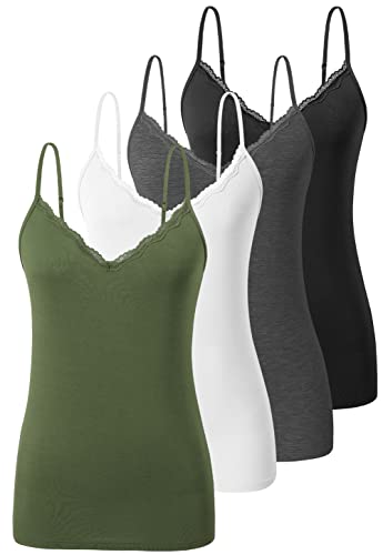 Ymmchy Damen Tanktop mit Spitzen Unterhemd Spaghettiträger Basic Top V-Ausschnitt Verstellbare Trägertop 4er Pack Schwarz/Dunkelgrau/Weiß/Armeegrün L von Ymmchy