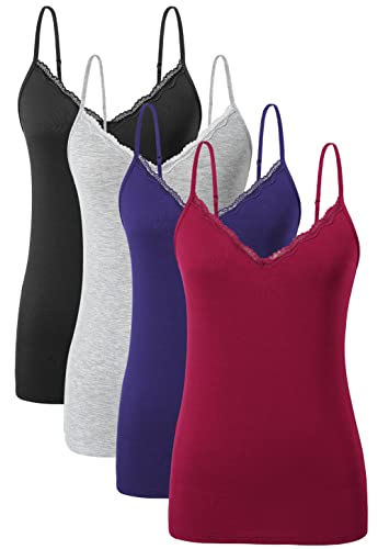 Ymmchy Damen Tanktop mit Spitzen Unterhemd Spaghettiträger Basic Top V-Ausschnitt Verstellbare Trägertop 4er Pack Schwarz/Grau/Dunkelblau/Weinrot L von Ymmchy